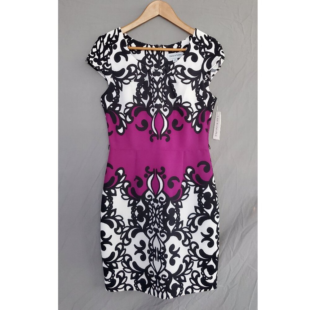 Patterned Black, White, and Purple Work Dress